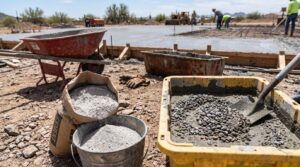 Difference between cement powder and freshly mixed concrete at a construction site