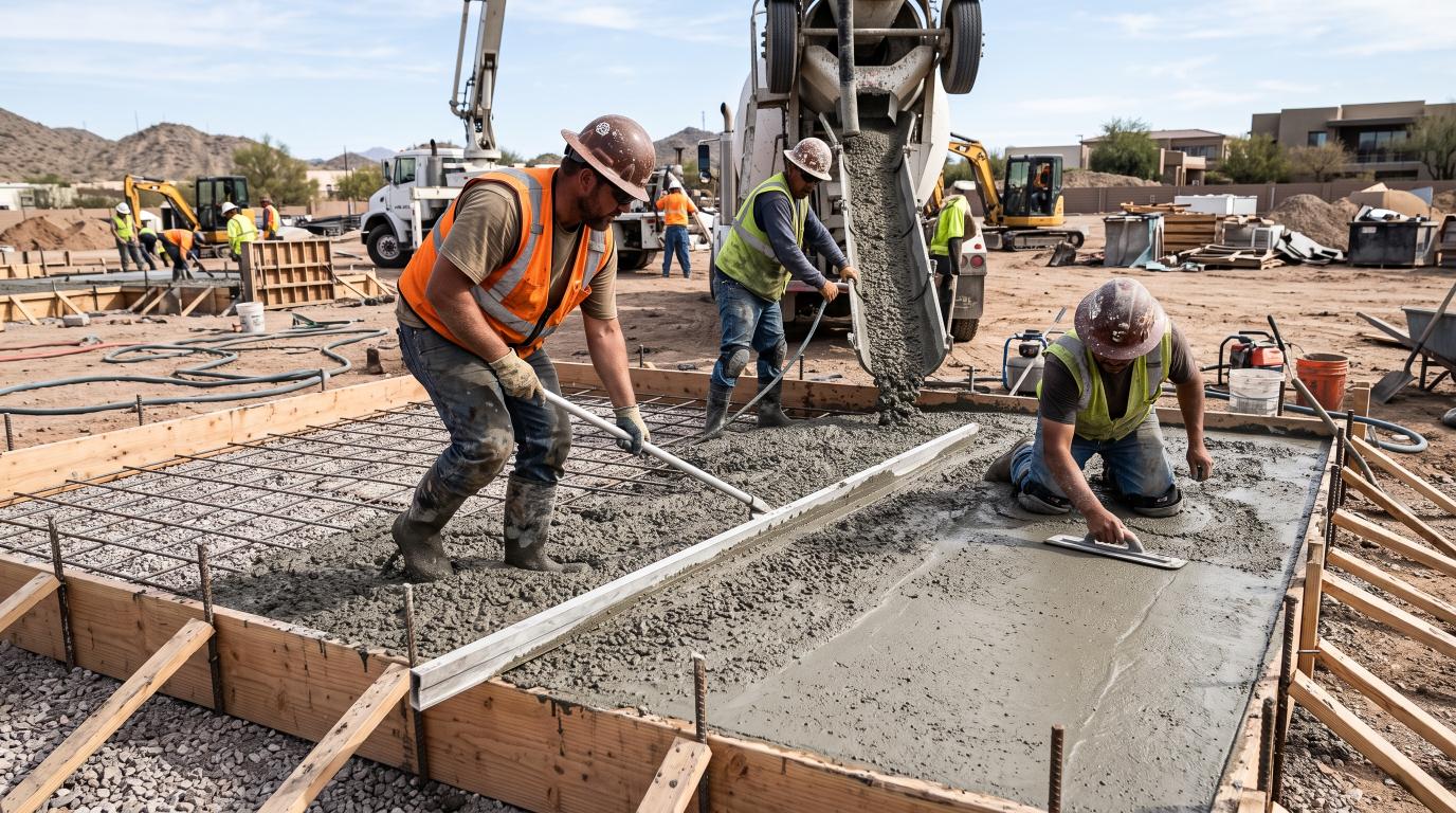Workers placing and finishing fresh concrete on a prepared construction site