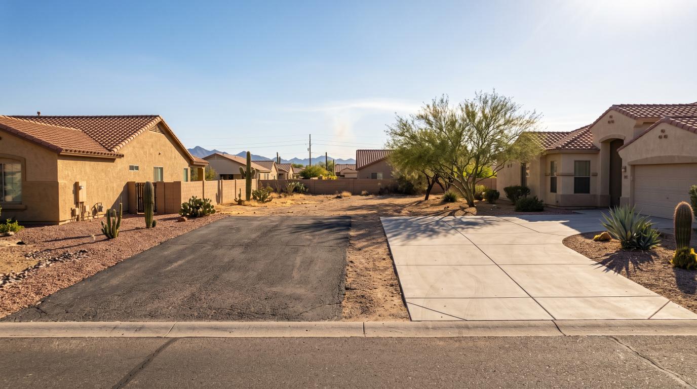 Asphalt and concrete driveways exposed to the Arizona summer sun.