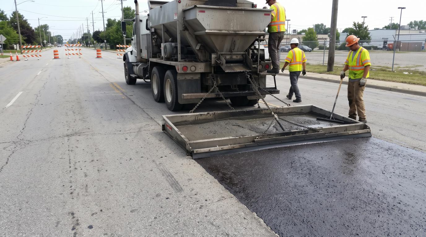 Slurry seal spreader box applying a thin layer of asphalt mixture to an existing roadway