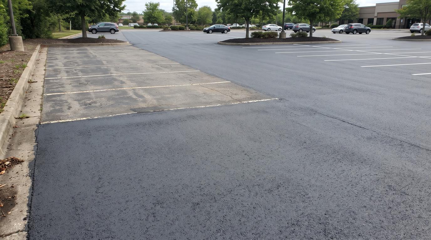 Cured slurry seal creating a uniform, textured surface on an existing asphalt parking area.