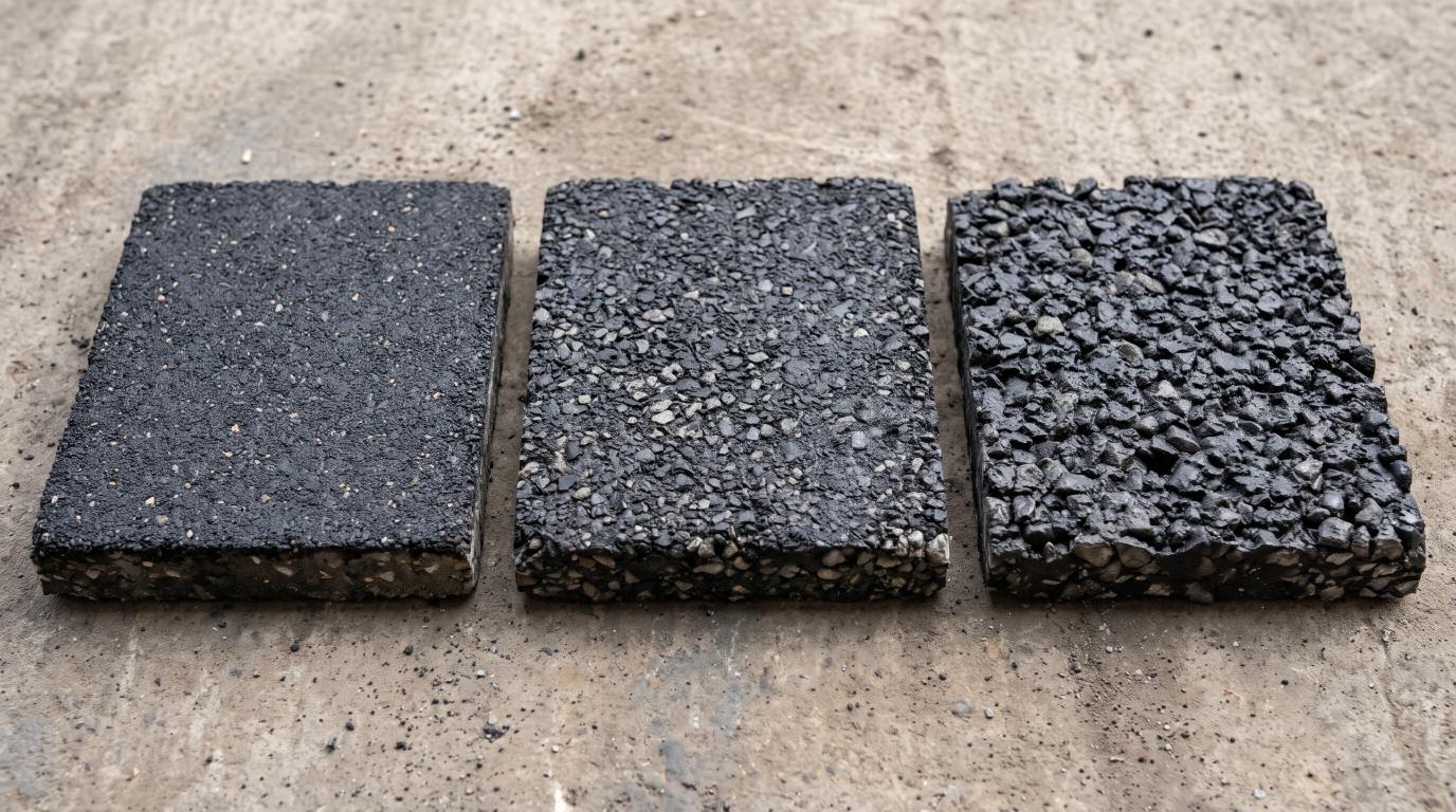 Three asphalt surface samples showing fine, medium, and coarse aggregate textures used in slurry seal.