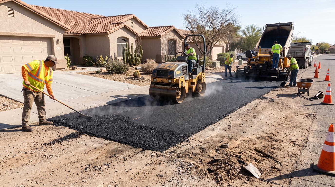 Workers installing an asphalt driveway beside a concrete driveway at a Phoenix home