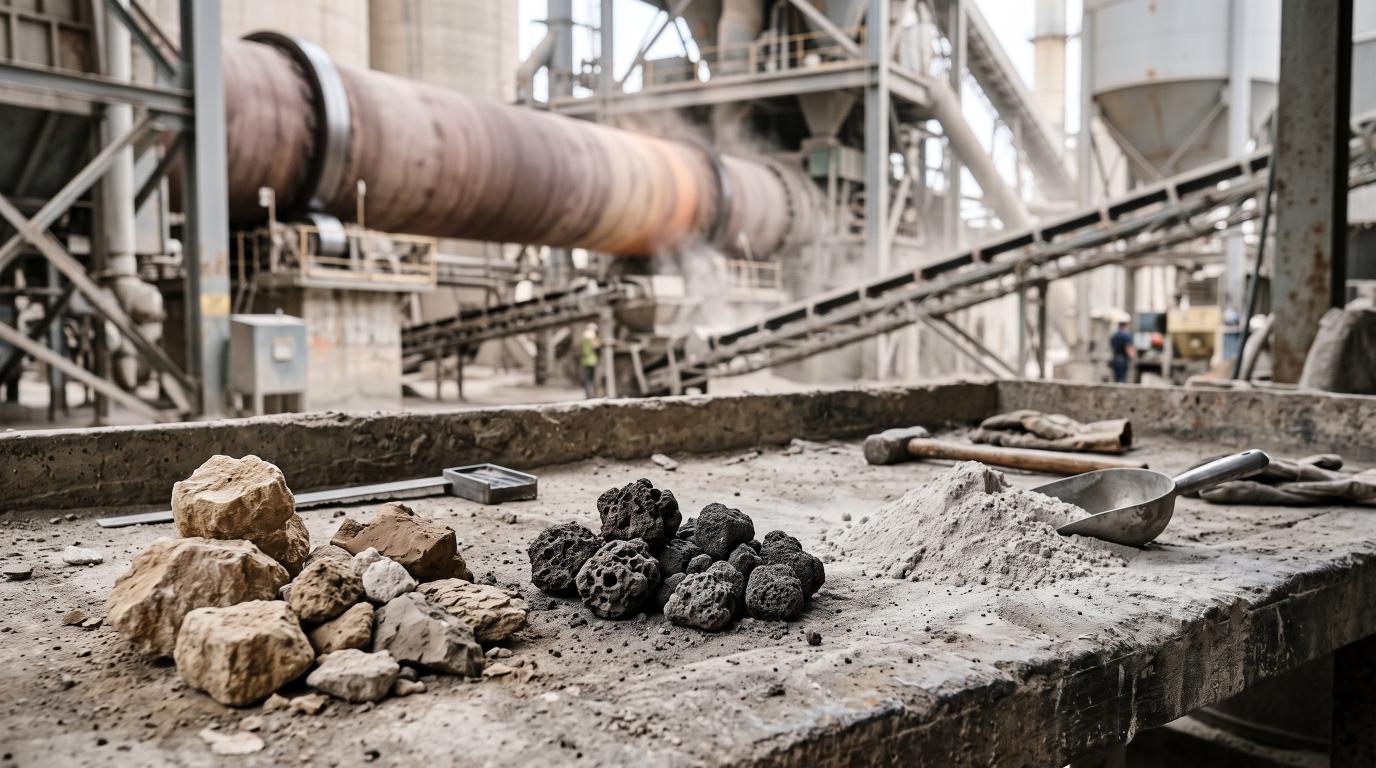 Limestone, cement clinker, and Portland cement powder used in cement production
