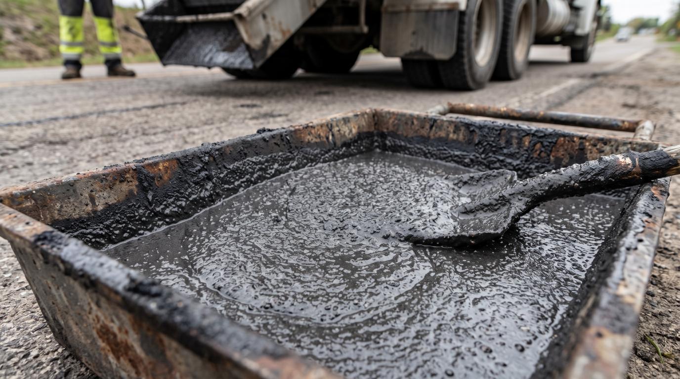 Wet slurry seal mixture containing asphalt emulsion and fine aggregate at a pavement-maintenance site.