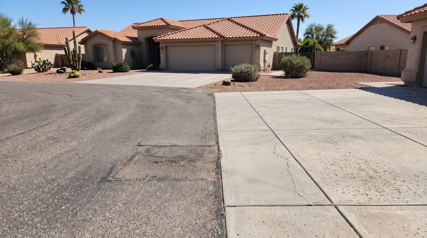 Asphalt and concrete driveway surfaces showing different maintenance conditions